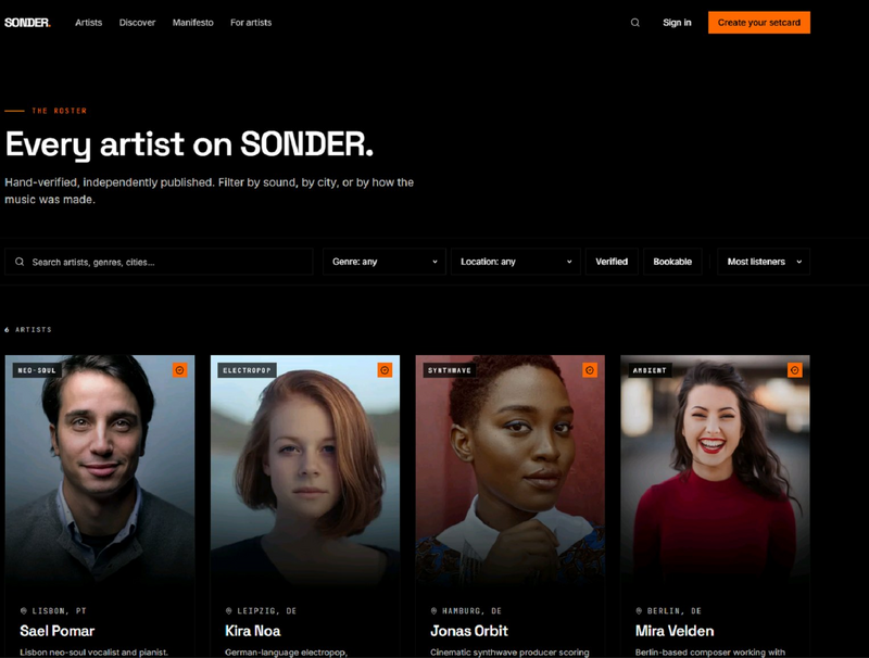Sonder Artist-Page — Rune Akari Profil mit Setcard-Format