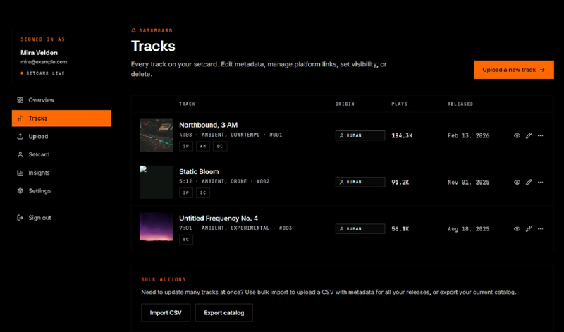 Sonder Dashboard — Track-Verwaltung mit Metadata-Editor
